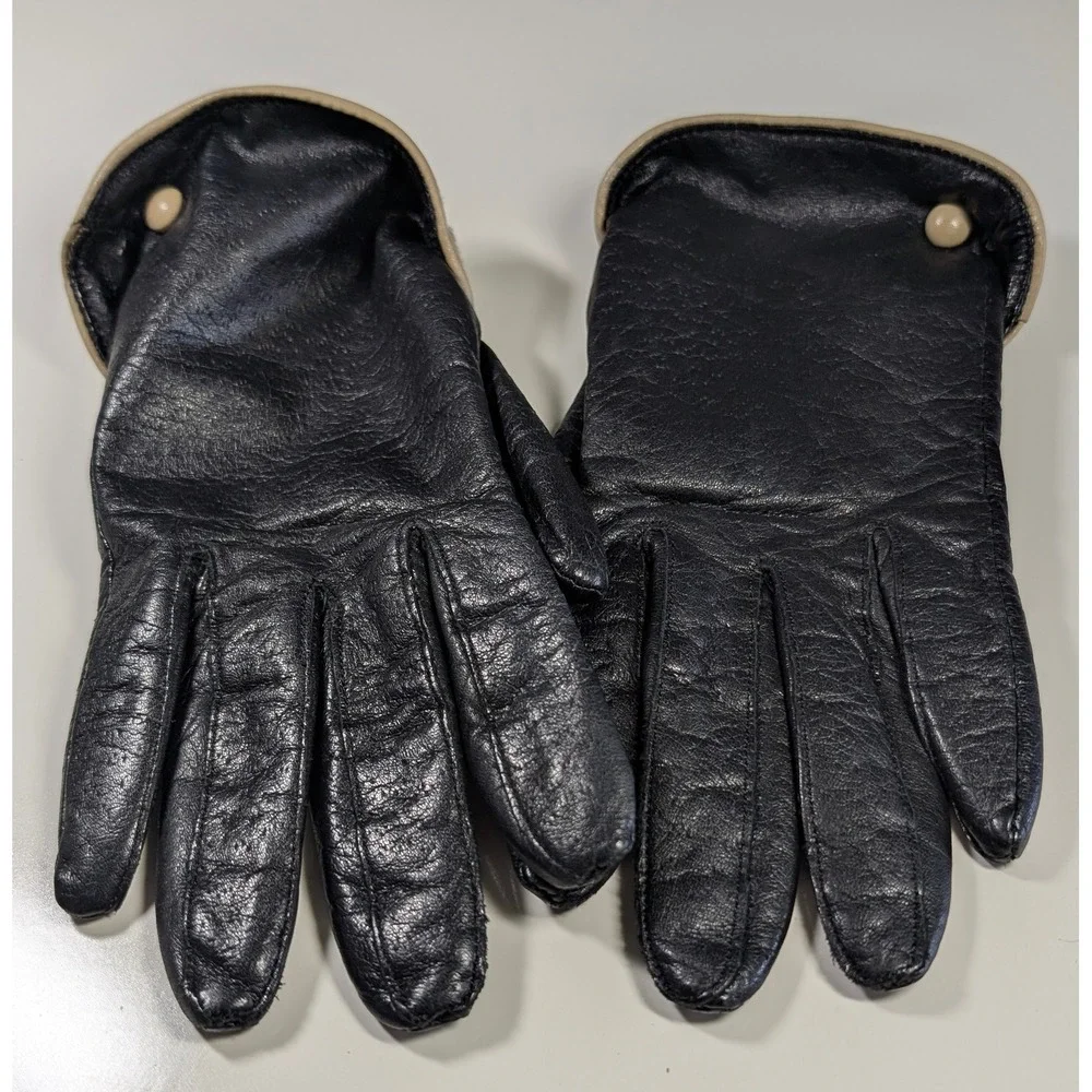 Womens Black Vintage Leather Gloves Tan Trim Acrylic Lined Size M WPL 9745‎